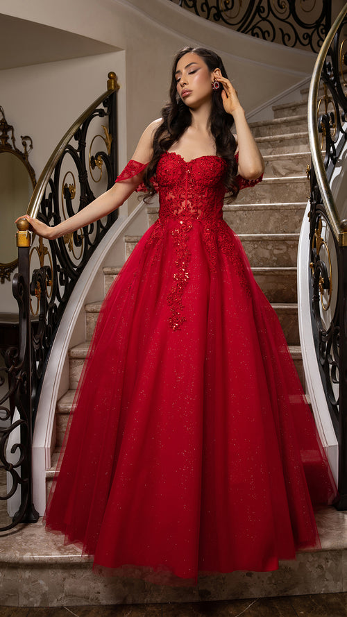 Off Shoulder Lace Appliqué Glitter Tulle Ball Gown Formal Evening Dress by May Queen MQ2176