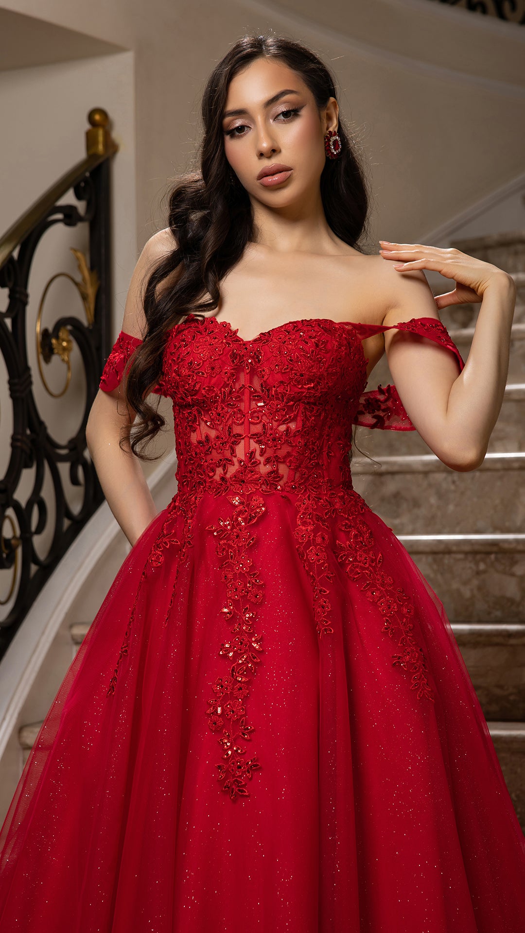 Off Shoulder Lace Appliqué Glitter Tulle Ball Gown Formal Evening Dress by May Queen MQ2176