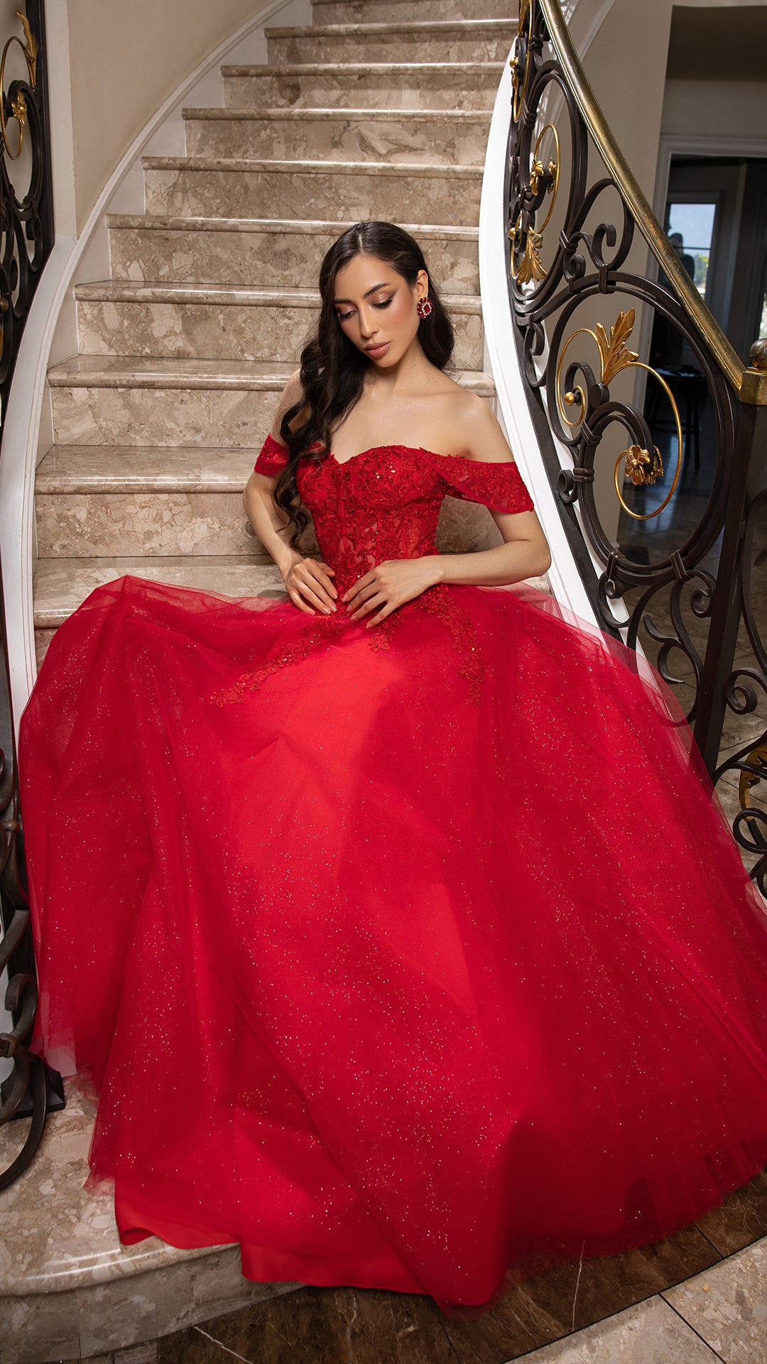 Off Shoulder Lace Appliqué Glitter Tulle Ball Gown Formal Evening Dress by May Queen MQ2176