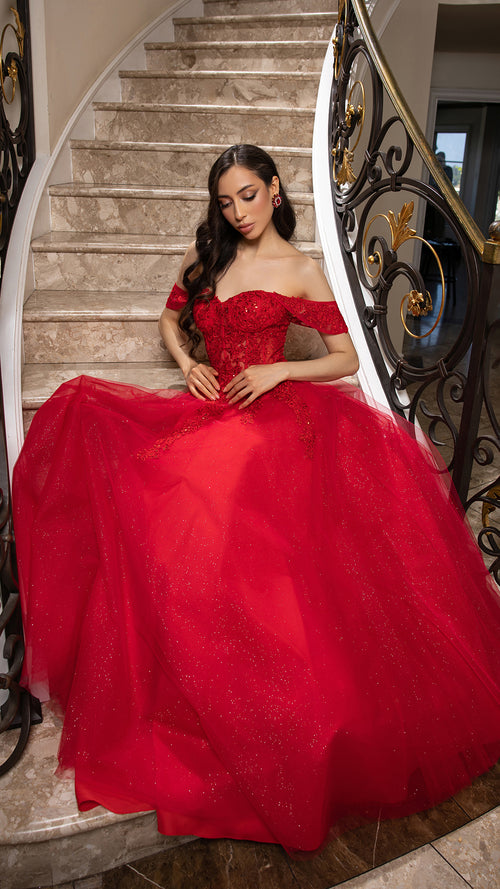Off Shoulder Lace Appliqué Glitter Tulle Ball Gown Formal Evening Dress by May Queen MQ2176