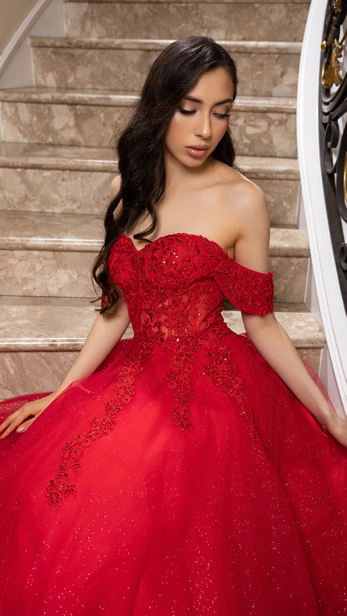 Off Shoulder Lace Appliqué Glitter Tulle Ball Gown Formal Evening Dress by May Queen MQ2176