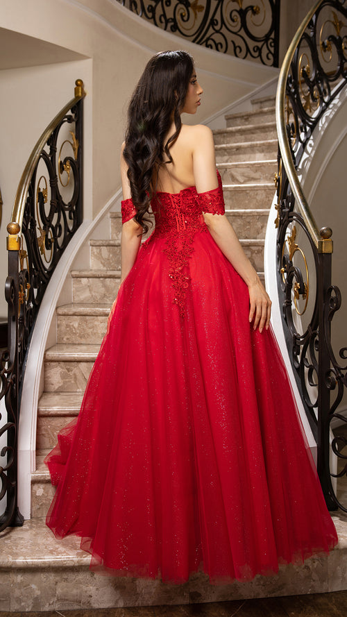 Off Shoulder Lace Appliqué Glitter Tulle Ball Gown Formal Evening Dress by May Queen MQ2176