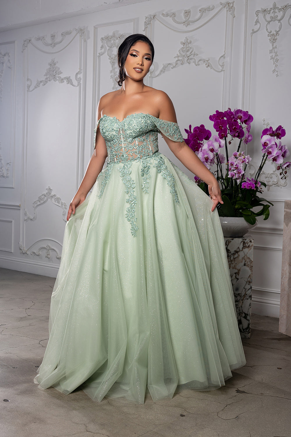 Off Shoulder Lace Appliqué Glitter Tulle Ball Gown Formal Evening Dress by May Queen MQ2176