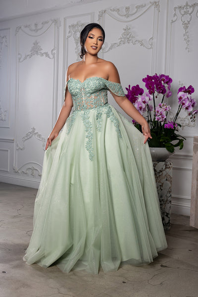 Off Shoulder Lace Appliqué Glitter Tulle Ball Gown Formal Evening Dress by May Queen MQ2176
