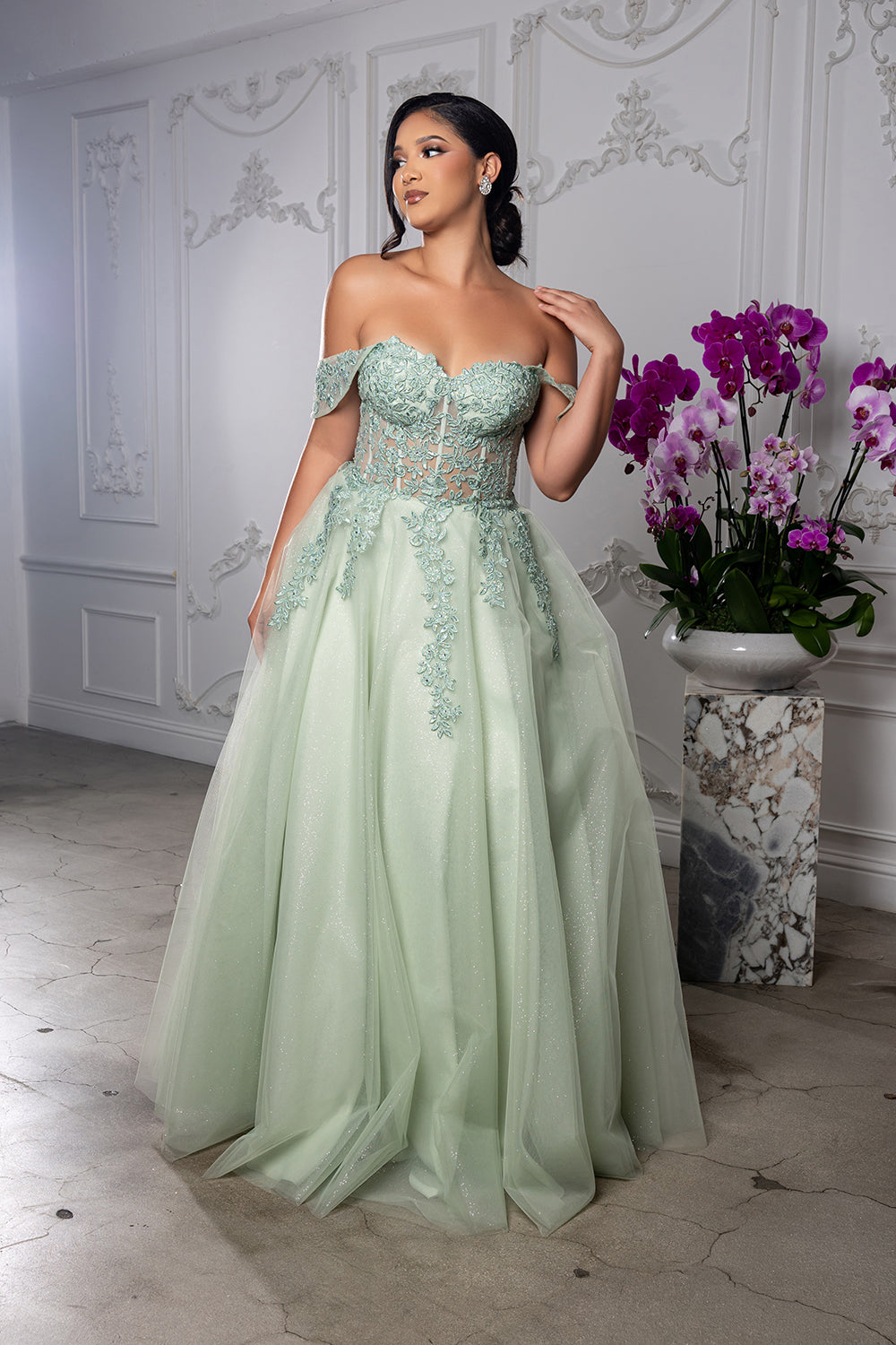 Off Shoulder Lace Appliqué Glitter Tulle Ball Gown Formal Evening Dress by May Queen MQ2176