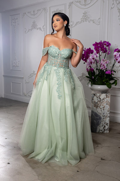 Off Shoulder Lace Appliqué Glitter Tulle Ball Gown Formal Evening Dress by May Queen MQ2176