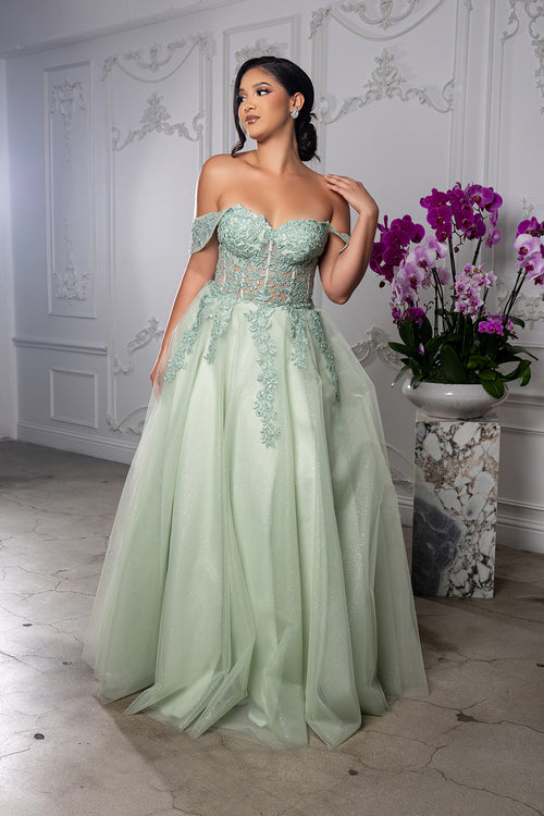Off Shoulder Lace Appliqué Glitter Tulle Ball Gown Formal Evening Dress by May Queen MQ2176