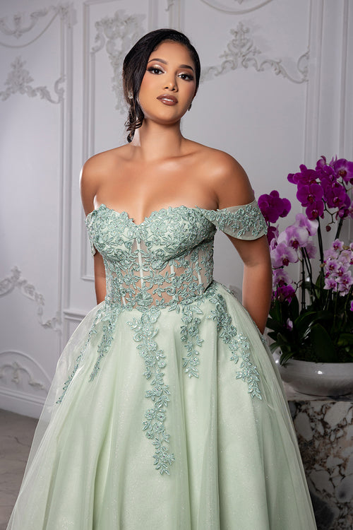 Off Shoulder Lace Appliqué Glitter Tulle Ball Gown Formal Evening Dress by May Queen MQ2176