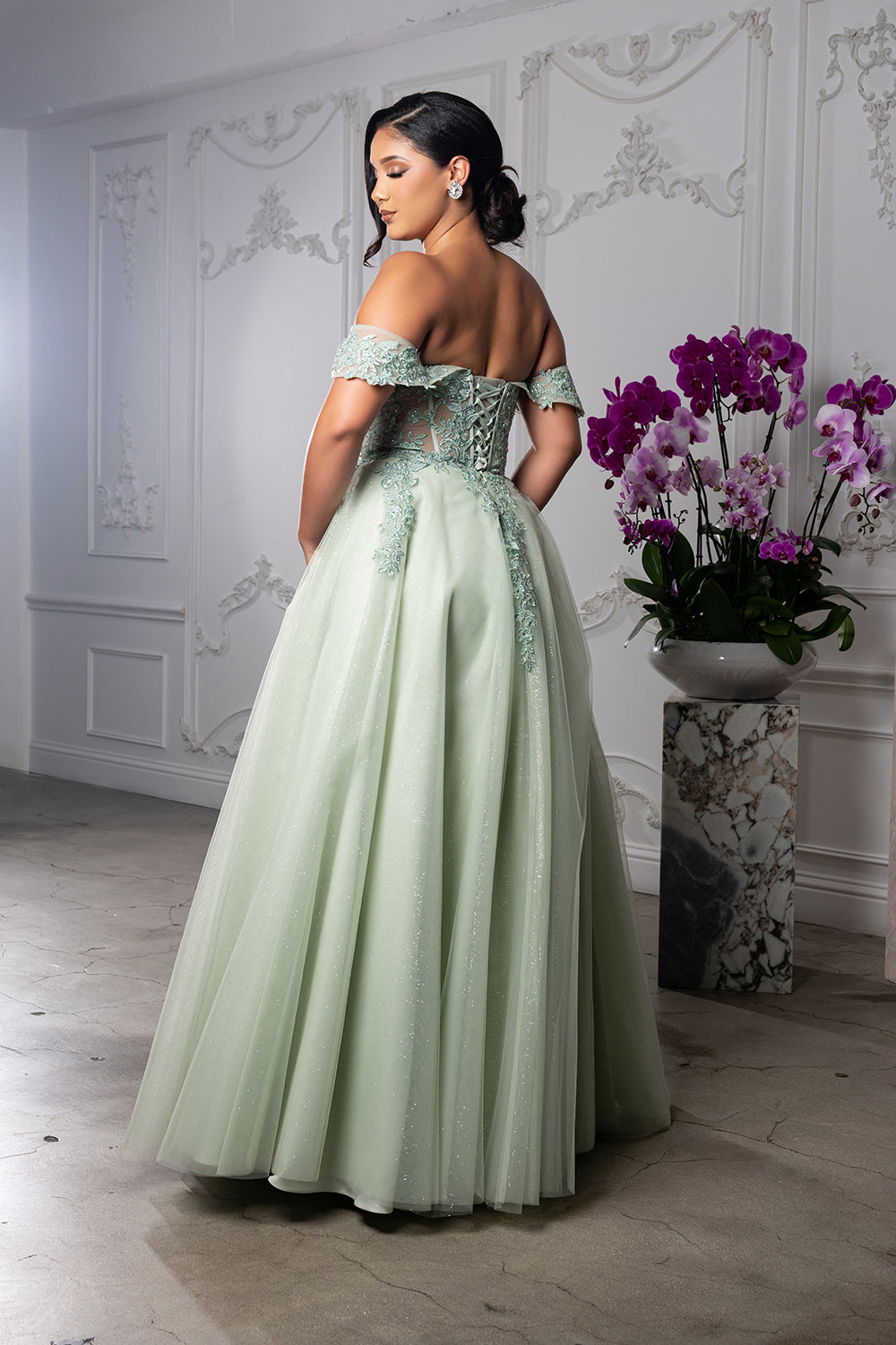 Off Shoulder Lace Appliqué Glitter Tulle Ball Gown Formal Evening Dress by May Queen MQ2176