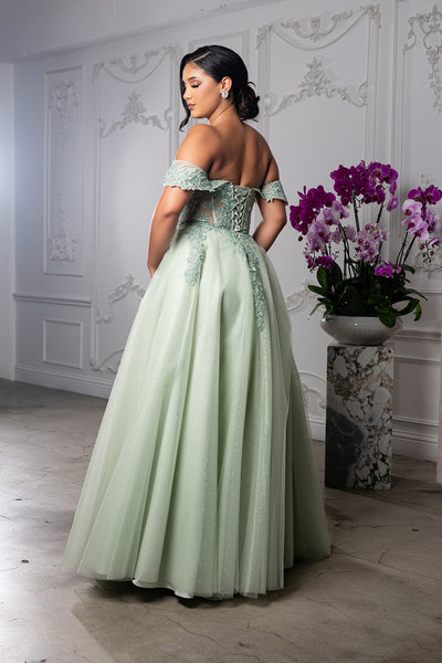 Off Shoulder Lace Appliqué Glitter Tulle Ball Gown Formal Evening Dress by May Queen MQ2176