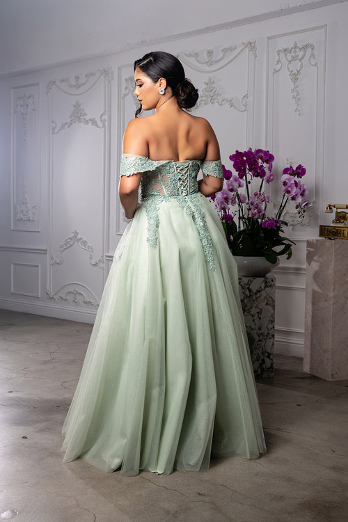 Off Shoulder Lace Appliqué Glitter Tulle Ball Gown Formal Evening Dress by May Queen MQ2176