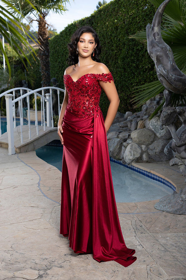 May Queen BURGUNDY Stretch satin with sequin lace appliqué bodice Prom Dress