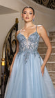 A-Line Glitter Tulle Evening Gown with Beaded Applique Bodice & Spaghetti Straps By May Queen MQ2178