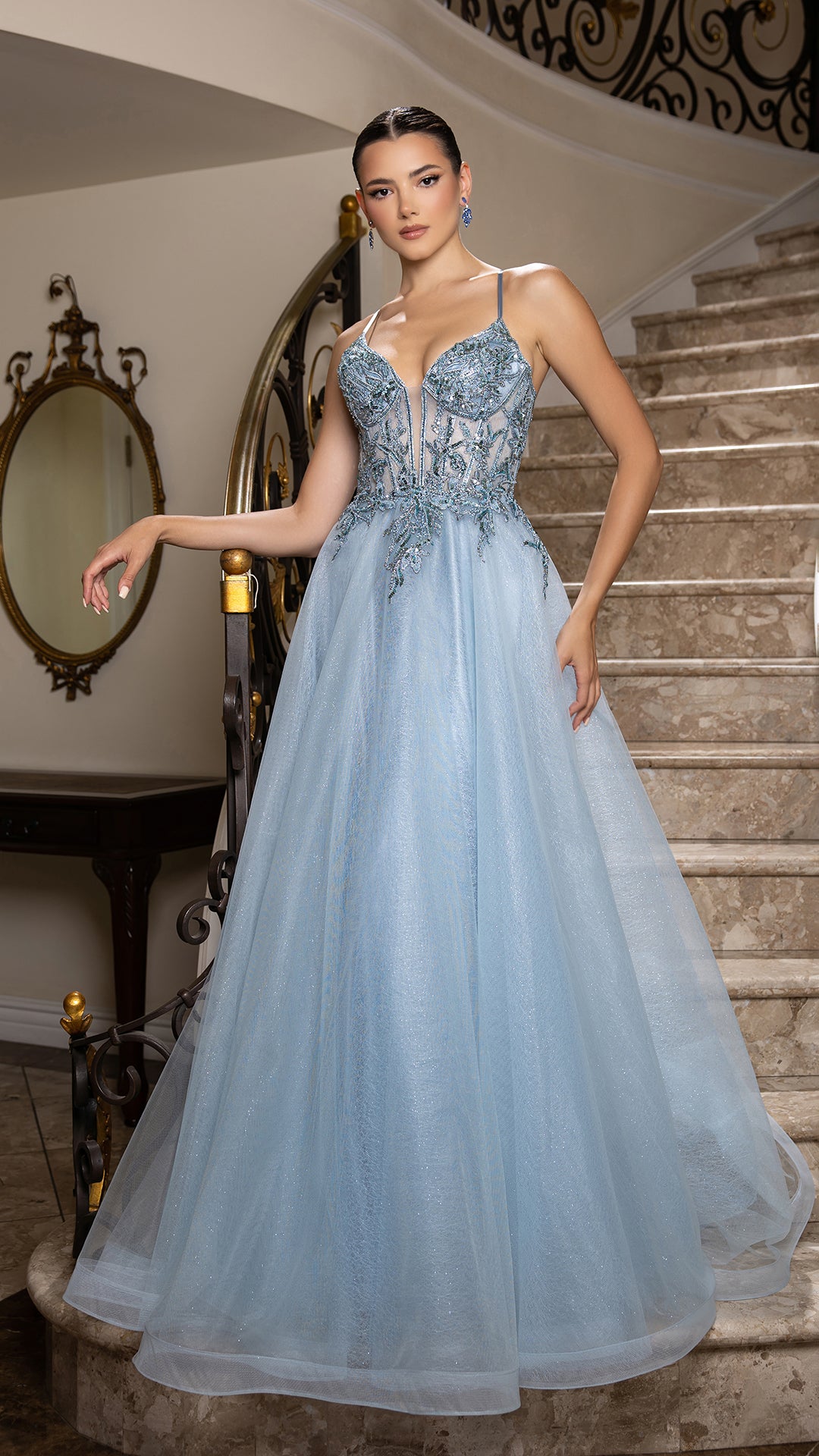 A-Line Glitter Tulle Evening Gown with Beaded Applique Bodice & Spaghetti Straps By May Queen MQ2178