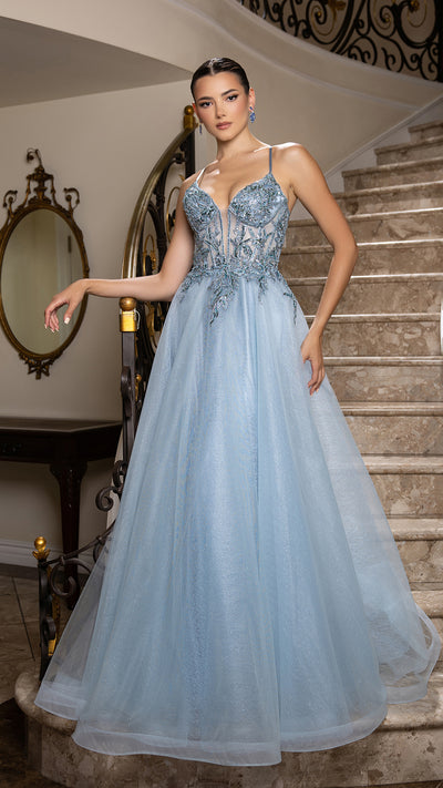 A-Line Glitter Tulle Evening Gown with Beaded Applique Bodice & Spaghetti Straps By May Queen MQ2178