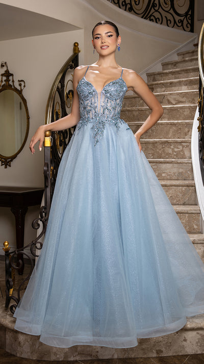 A-Line Glitter Tulle Evening Gown with Beaded Applique Bodice & Spaghetti Straps By May Queen MQ2178