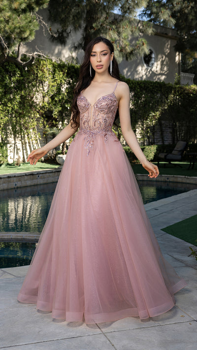 A-Line Glitter Tulle Evening Gown with Beaded Applique Bodice & Spaghetti Straps By May Queen MQ2178