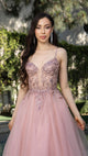 A-Line Glitter Tulle Evening Gown with Beaded Applique Bodice & Spaghetti Straps By May Queen MQ2178