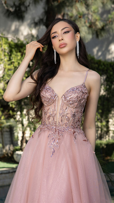 A-Line Glitter Tulle Evening Gown with Beaded Applique Bodice & Spaghetti Straps By May Queen MQ2178