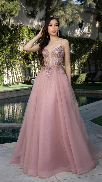 A-Line Glitter Tulle Evening Gown with Beaded Applique Bodice & Spaghetti Straps By May Queen MQ2178