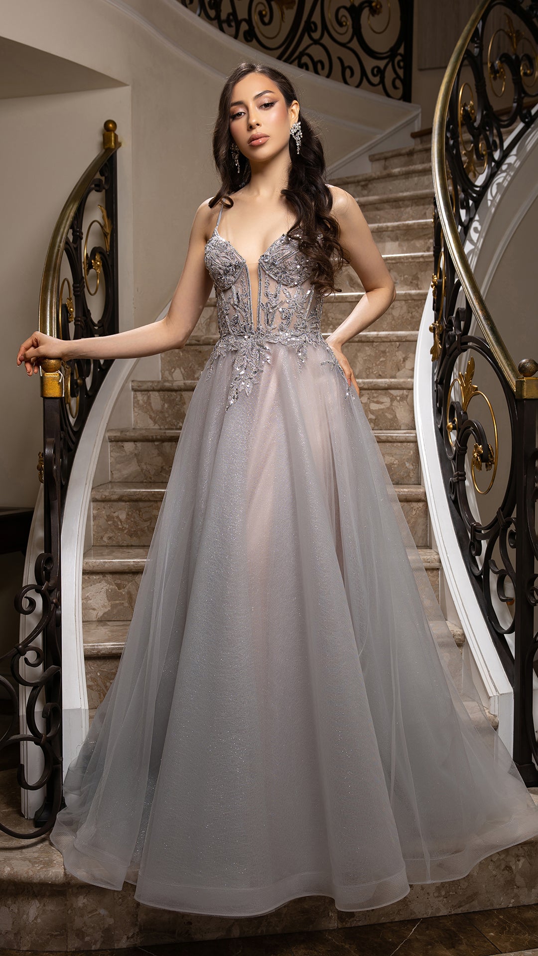 A-Line Glitter Tulle Evening Gown with Beaded Applique Bodice & Spaghetti Straps By May Queen MQ2178