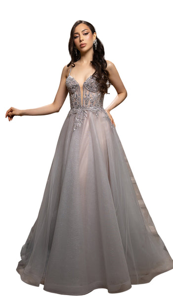 A-Line Glitter Tulle Evening Gown with Beaded Applique Bodice & Spaghetti Straps By May Queen MQ2178