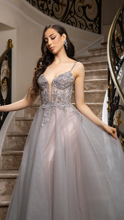 A-Line Glitter Tulle Evening Gown with Beaded Applique Bodice & Spaghetti Straps By May Queen MQ2178