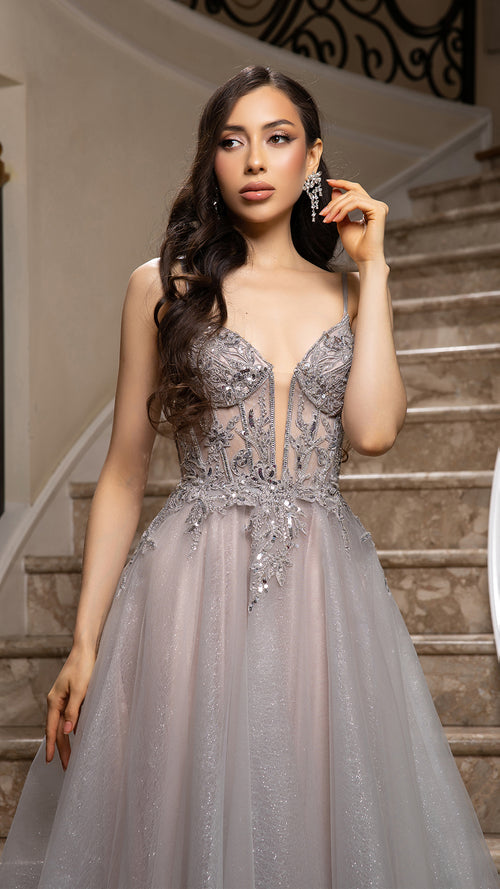 A-Line Glitter Tulle Evening Gown with Beaded Applique Bodice & Spaghetti Straps By May Queen MQ2178