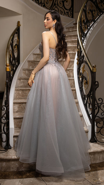 A-Line Glitter Tulle Evening Gown with Beaded Applique Bodice & Spaghetti Straps By May Queen MQ2178