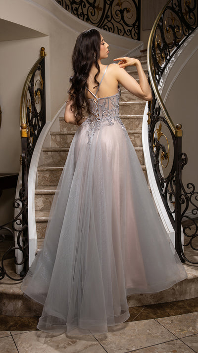 A-Line Glitter Tulle Evening Gown with Beaded Applique Bodice & Spaghetti Straps By May Queen MQ2178
