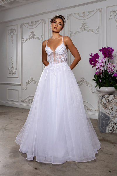 White Sparkle A-Line Wedding Gown with Beaded Lace Bodice & Illusion V-Neck By May Queen MQ2178