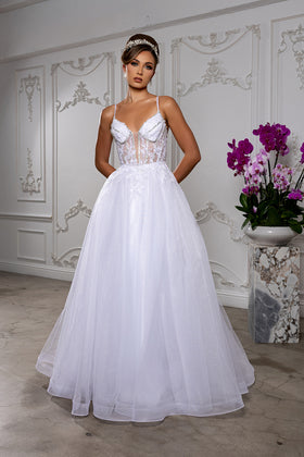 White Sparkle A-Line Wedding Gown with Beaded Lace Bodice & Illusion V-Neck By May Queen MQ2178