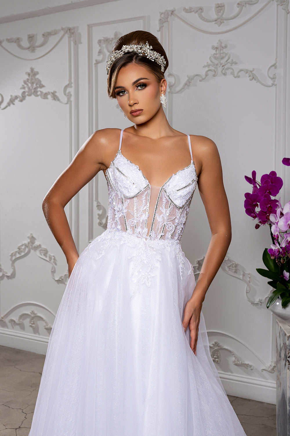 White Sparkle A-Line Wedding Gown with Beaded Lace Bodice & Illusion V-Neck By May Queen MQ2178
