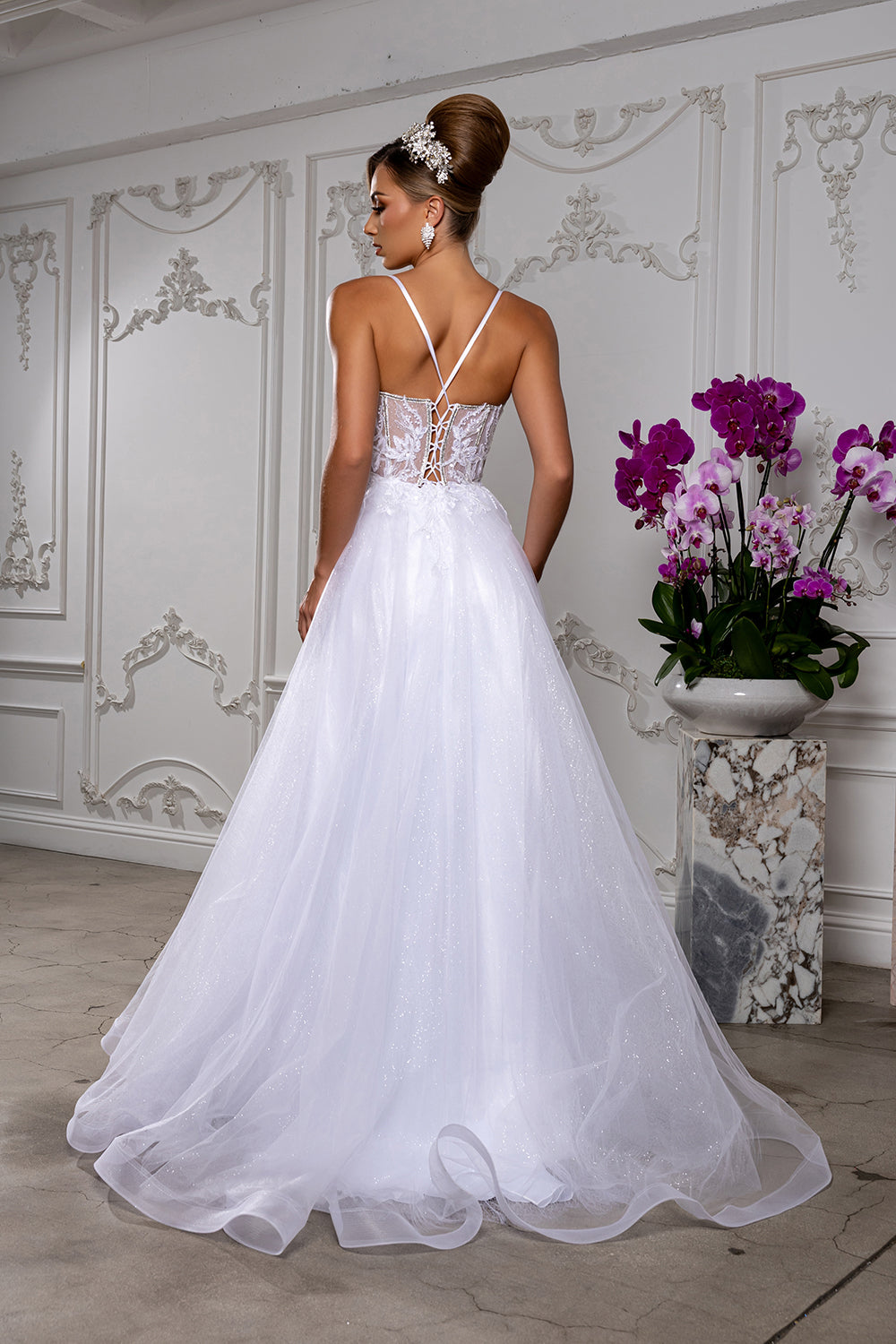 White Sparkle A-Line Wedding Gown with Beaded Lace Bodice & Illusion V-Neck By May Queen MQ2178