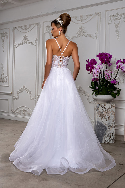 White Sparkle A-Line Wedding Gown with Beaded Lace Bodice & Illusion V-Neck By May Queen MQ2178