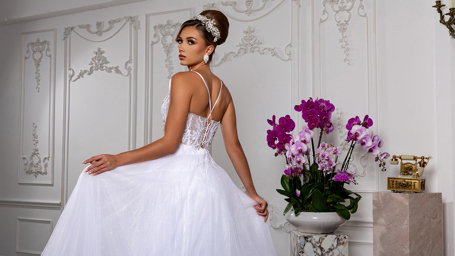 White Sparkle A-Line Wedding Gown with Beaded Lace Bodice & Illusion V-Neck By May Queen MQ2178