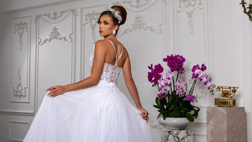 White Sparkle A-Line Wedding Gown with Beaded Lace Bodice & Illusion V-Neck By May Queen MQ2178