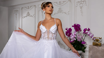 White Sparkle A-Line Wedding Gown with Beaded Lace Bodice & Illusion V-Neck By May Queen MQ2178