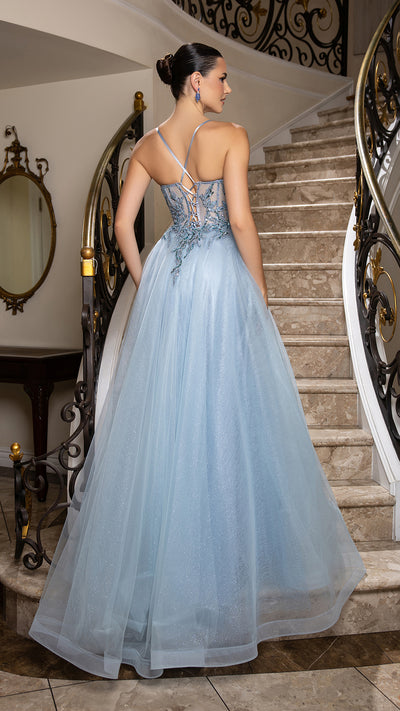 A-Line Glitter Tulle Evening Gown with Beaded Applique Bodice & Spaghetti Straps By May Queen MQ2178