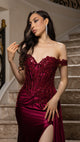 Off-Shoulder Sequin Applique Satin Evening Gown Formal Prom Dress By May Queen MQ2179