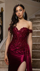 Off-Shoulder Sequin Applique Satin Evening Gown Formal Prom Dress By May Queen MQ2179