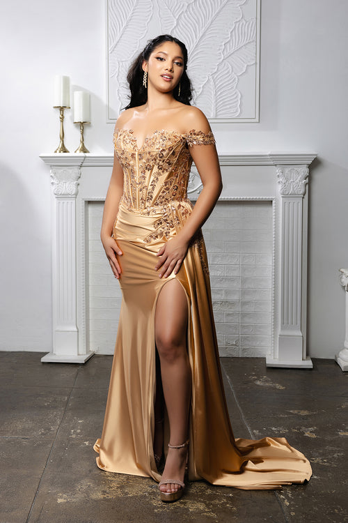 Off-Shoulder Sequin Applique Satin Evening Gown Formal Prom Dress By May Queen MQ2179
