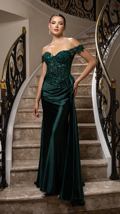 Off-Shoulder Sequin Applique Satin Evening Gown Formal Prom Dress By May Queen MQ2179