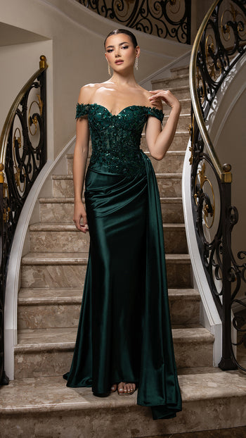 Off-Shoulder Sequin Applique Satin Evening Gown Formal Prom Dress By May Queen MQ2179