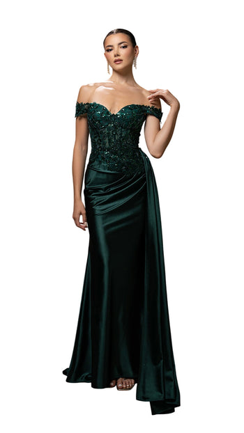Off-Shoulder Sequin Applique Satin Evening Gown Formal Prom Dress By May Queen MQ2179