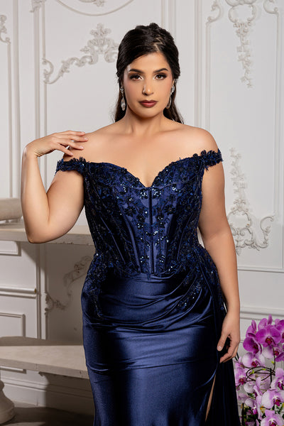 Off-Shoulder Sequin Applique Satin Evening Gown Formal Prom Dress By May Queen MQ2179