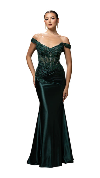 Off-Shoulder Beaded Evening Gown Formal Satin Mermaid Dress By May Queen MQ2180