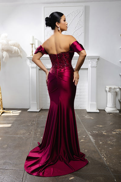 Off Shoulder Satin Mermaid Gown with Beaded Lace Appliqué & High Slit by May Queen MQ2181