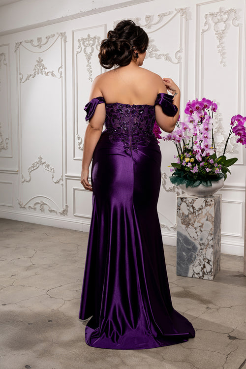 Off Shoulder Satin Mermaid Gown with Beaded Lace Appliqué & High Slit by May Queen MQ2181