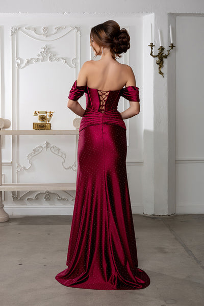 Off-Shoulder Satin Evening Gown with High Slit and Corset Back Formal Prom Dress By May Queen MQ2182